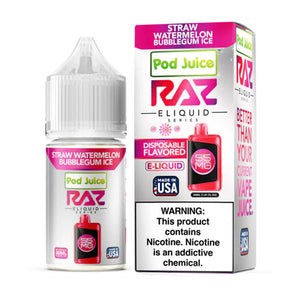 Pod Juice x Raz Straw Watermelon Bubblegum Ice Salt 30mL Pod Juice x Raz Straw Watermelon Bubblegum Ice Salt 30mL